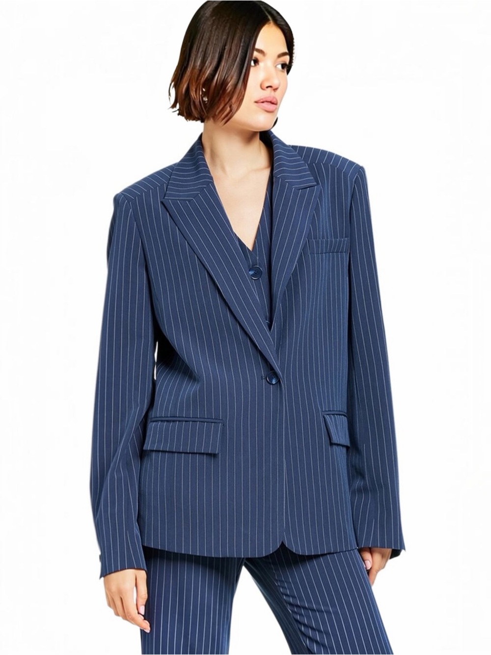TOCCIN Willa Women’s Navy Blue Pinstripe Boyfriend  Style Blazer Small NEW